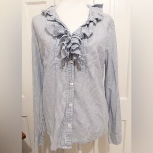 J. Crew Women's Blue Striped Ruffle Top 100% Cotton EUC Sz 14 classic shirt